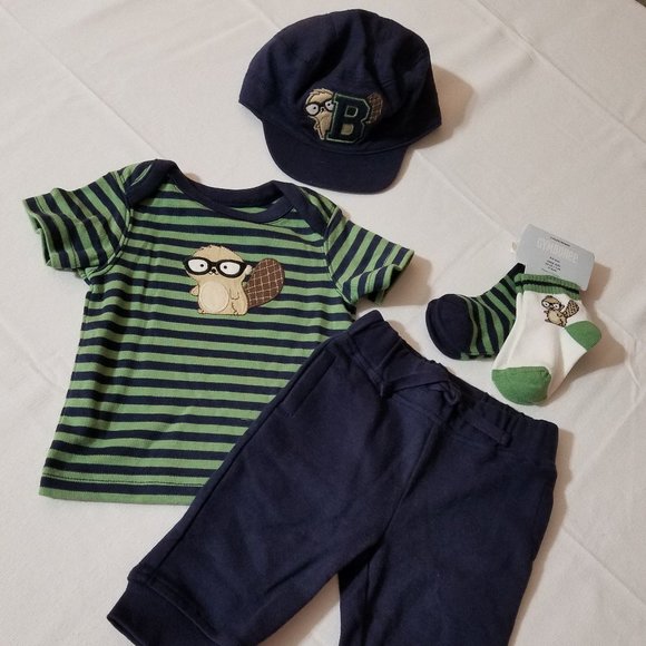 Gymboree Smart Little Guy 0-3 Month Pants & Shirt, 3-6 Month socks & Hat NWT Out - Picture 2 of 5